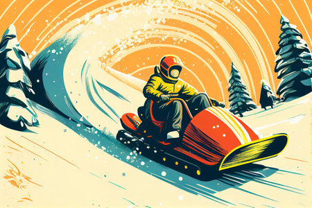 Funny Family Race on Snowmobiles in Snowy Winter Forest. Two United Teams, Father and Daughter, Mother and Son, Getting Ready for Competition on Snow Scooters. Banner with Copy Space for Extra Textの素材