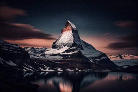 Panoramic Mountain Landscape Illustrotion Drawing. Sunset, Sunrise Colors with cloudsの素材
