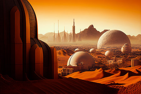 Mars landscape, alien planet background, red desert surface with mountains, craters, saturn and stars shine on green sky. Martian extraterrestrial computer game backdrop, cartoon illustrationの素材