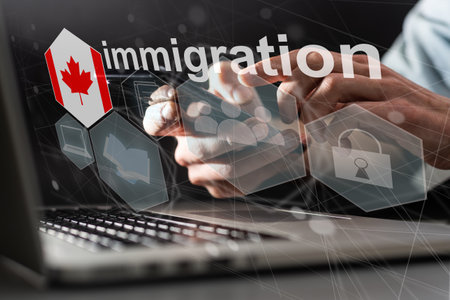 Concept of immigration to Canada with virtual button pressingの写真素材