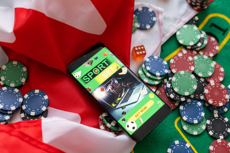 Casino. Gambling in the United States. poker chips, usa flag on blackjack tableの写真素材