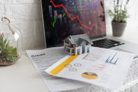 miniature house model, laptop with real estate falling graph