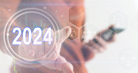 2024 grey transparent button on gray virtual touchscreen interface. New year resolutions planning concept.の写真素材