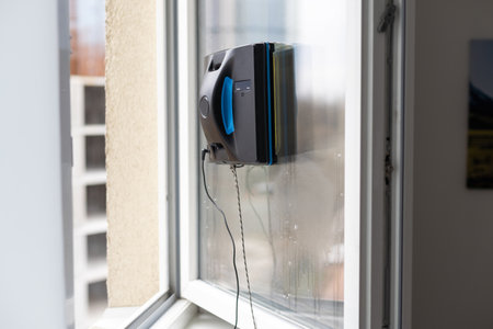 A window cleaner robot washes glass against the backdrop of multi-storey buildingsの写真素材
