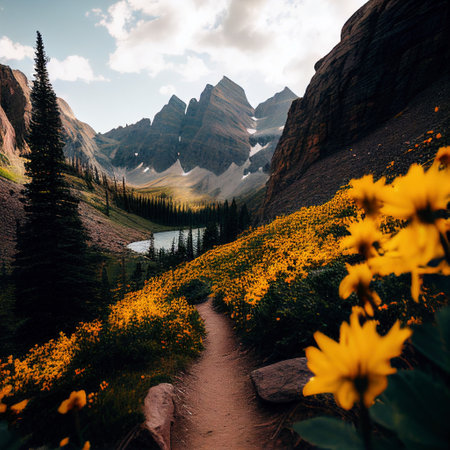 Cartoon flat panorama of spring summer beautiful nature, green grasslands meadow with flowers, forest, scenic blue lake, mountains on horizon background, mountain lake landscape illustration.の素材