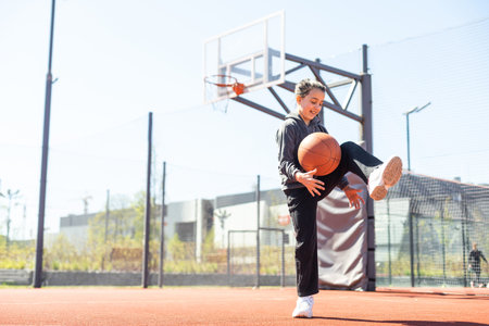 A girl with basketball on court on summer season.