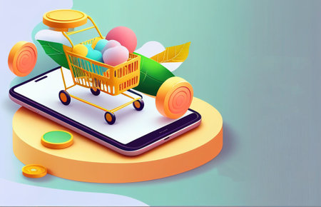 Smartphone with shopping cart on white backgroundの素材