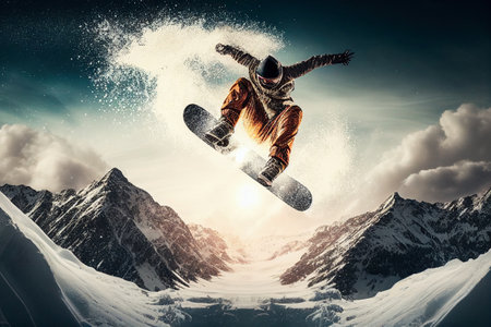 Snowboarding, jumping snowboarder in snowy mountains background illustration. Man with snowboard flat style. Winter sport conceptの素材