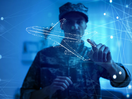 Jet Engine Augmented Reality Hologramm. Specialists Work in Technological Plane Development Facility.の写真素材