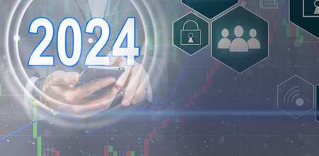 2024 calender year button on digital virtual screen blur background