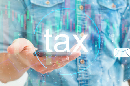 touch screen hand scan Online personal income tax icon for tax payment. State tax. Government data analysis document. financial research tax return calculationの写真素材