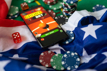 smartphone with sports betting, casino, flag of the USAの写真素材