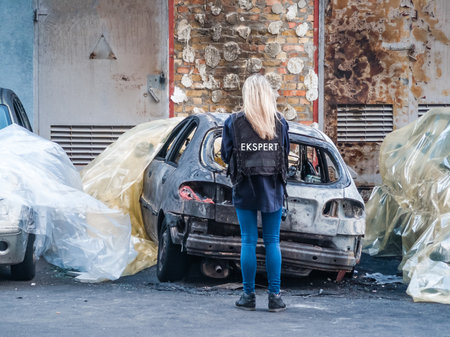 firemen with burning car expertの写真素材
