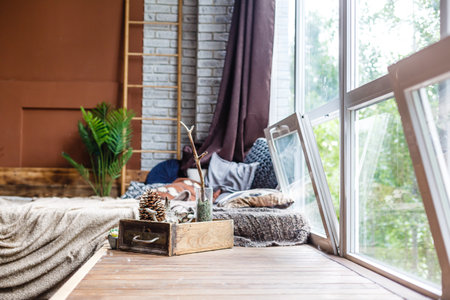 wooden decor in the house. Copy space. Template.の写真素材