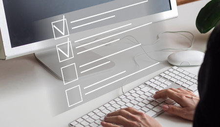 business background technology hologram business icon virtual screen. A man typing hologram screen....