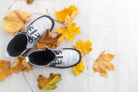 Feet stepping on dry autumn leaves, on a floor