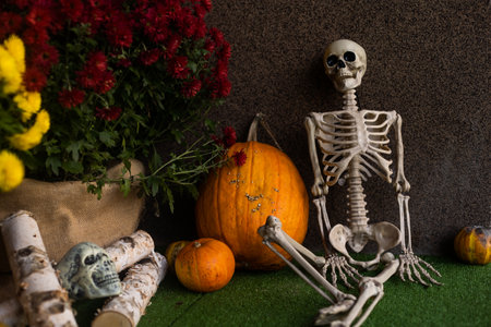 Scenery for Halloween in October. Decoration in the yard. The owner of the house skeletonsの写真素材