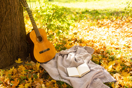 Autumn background with books, guitar and plaidの写真素材