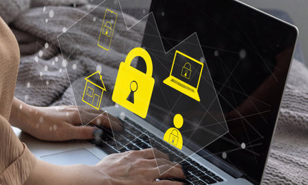 data security and encryption, secure access to user personal data, secure internet access, cyber security. Businessman touching an icon key through the virtual screen, concept of cyber securityの写真素材