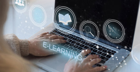 E-learning education, internet lessons and online webinar. Education internet Technology. Person who attends online lessons on a digital screenの写真素材