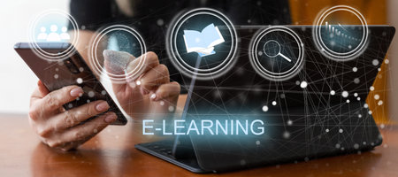 e-learning education concept, learning online with webinar, video tutorial, internet lessons. E-learning and Online Education for Student and University Conceptの写真素材