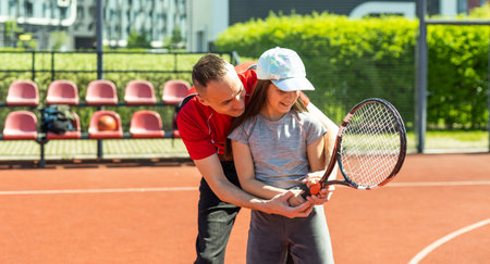 Active family playing tennis on courtの写真素材