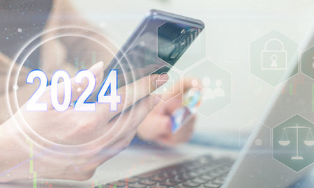 2024 grey transparent button on gray virtual touchscreen interface. New year resolutions planning concept.の写真素材