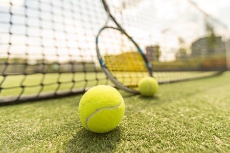 Tennis racket and balls, flat lay. Space for textの写真素材