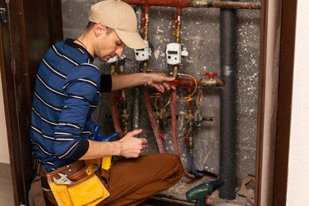 The technician checking the heating system with tablet in handの写真素材