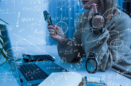 Student or teacher with mathematical and scientific formulas. Concepts of education. Symbols and equations on a virtual interface. Double exposureの写真素材