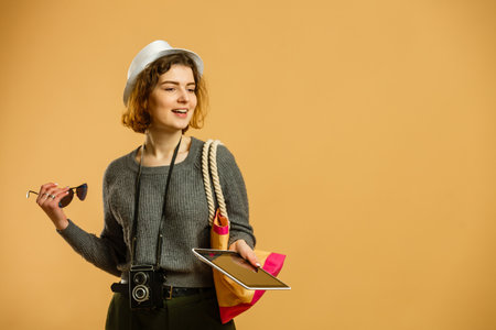 travel woman with a tabletの写真素材