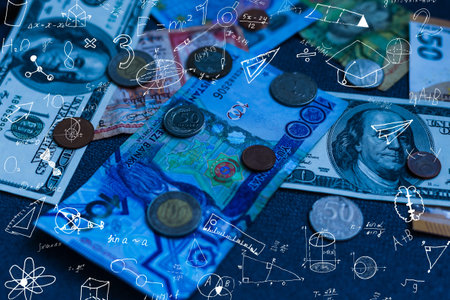 Abstract virtual chemistry illustration on money background, science and research concept. Multiexposureの写真素材