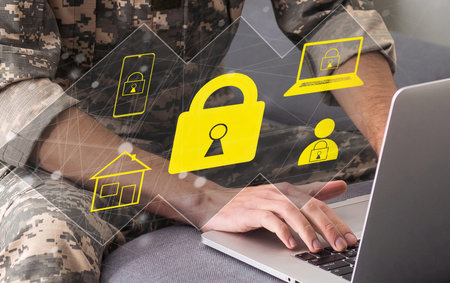 Businessman use a laptop to login by password with virtual screen of padlock, security of private....