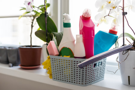Eco brushes, sponges and rag in cleaning basket. Cleaner concept on white backgroundの写真素材