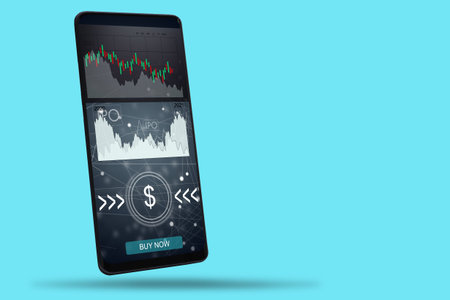 smartphone with IPO graphics. app is open on smart phone - Stock chart is visible in the background....