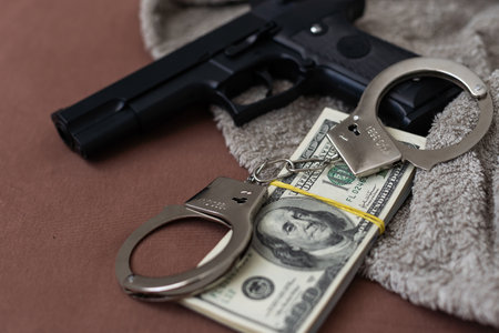 The handcuffs are on hundred-dollar bills. Power and bribery. Criminal ransom. Criminal earnings. Business concept. The concept of wealthの写真素材