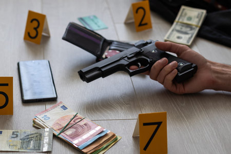 Hand of dead victim surrounded by evidence markers and objects on floor of residential apartment....