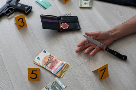 High contrast image of a bloody crime scene with a dead body and gun on the floorの写真素材