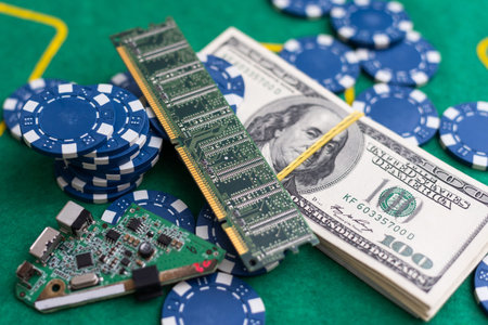Poker playing chips with card and dollar banknoteson a casino green table. Online gambling. Texas