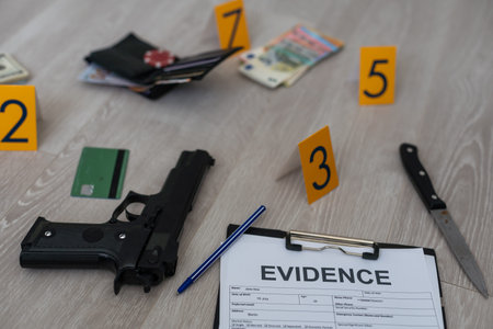 Flat lay composition with evidences and crime scene markers on wooden background