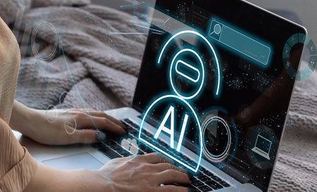 Woman using chatbot in computer and tablet smart intelligence Ai. Chat GPT Chat with AI Artificial Intelligence, developed by OpenAI generate. Futuristic technology, robot in online system. in officeの写真素材