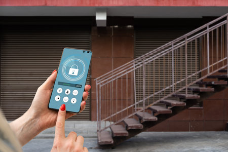 Woman unlocking smartphone application on the screen, closeup. Space for text
