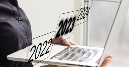 button 2023, 2024 numbers on virtual screenの写真素材