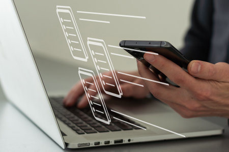 business background technology hologram business icon virtual screen. A man typing hologram screen. technology virtual screen laptop, document, cloud office storageの写真素材