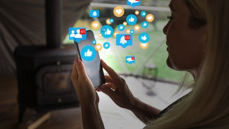 woman use smartphone online to social network, touchscreen device connecting to global cyber net, digital link to data information, internet of things online, hacker privacy, ai crypto currency.の写真素材