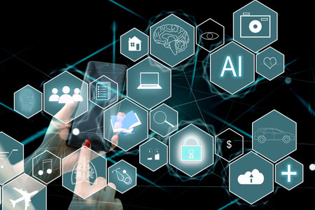 Artificial intelligence service business web computing IoT integration concept. AI gear icon on...