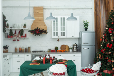 kitchen with Christmas tree. Background for display or montage your products.の写真素材
