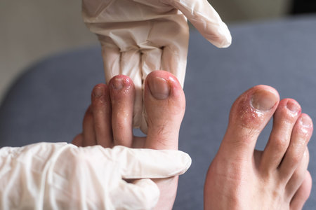 A mans toes showing what looks like a rash with red blotchy skin. A common side effect of Covid-19...
