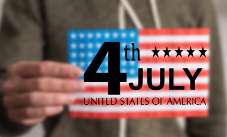 american flags and the text happy 4th of julyの写真素材