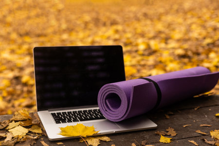 laptop and yoga mat in autumn forestの写真素材